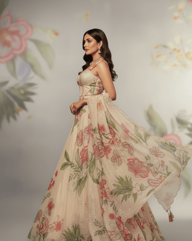 Pure Jimmy Organza Digital Printed Flair Lehenga With Designer Batwa Bag - Rosepetals Luxe