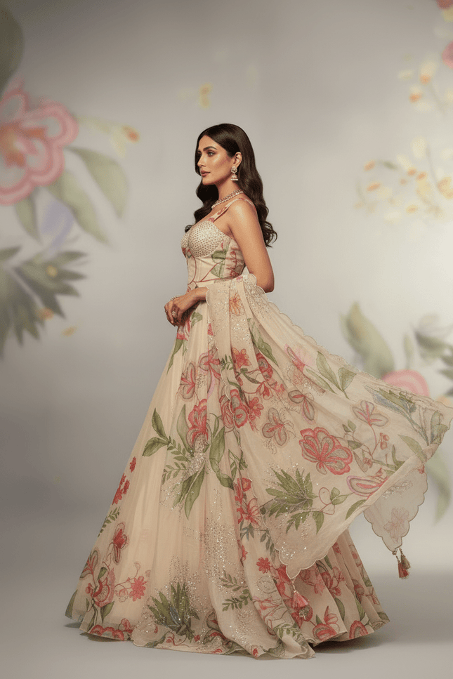 Pure Jimmy Organza Digital Printed Flair Lehenga With Designer Batwa Bag - Rosepetals Luxe