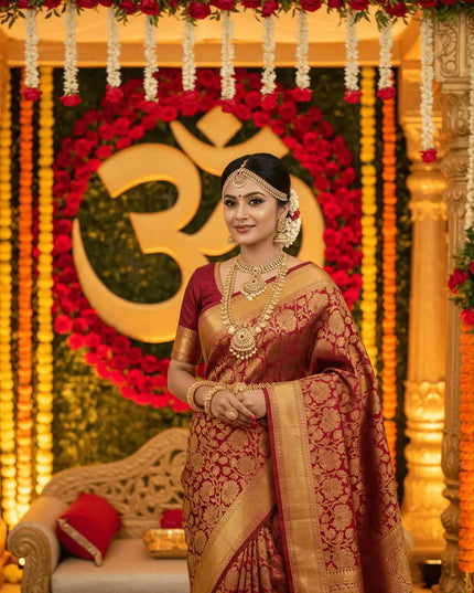 Pure Kanchipuram 2 Gram Gold Zari Bridal Saree | Silk Mark Certified | Handloom - Rosepetals Luxe