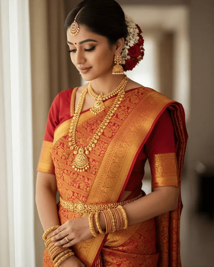 Pure Kanchipuram 2 Gram Gold Zari Bridal Saree | Silk Mark Certified | Handloom - Rosepetals Luxe