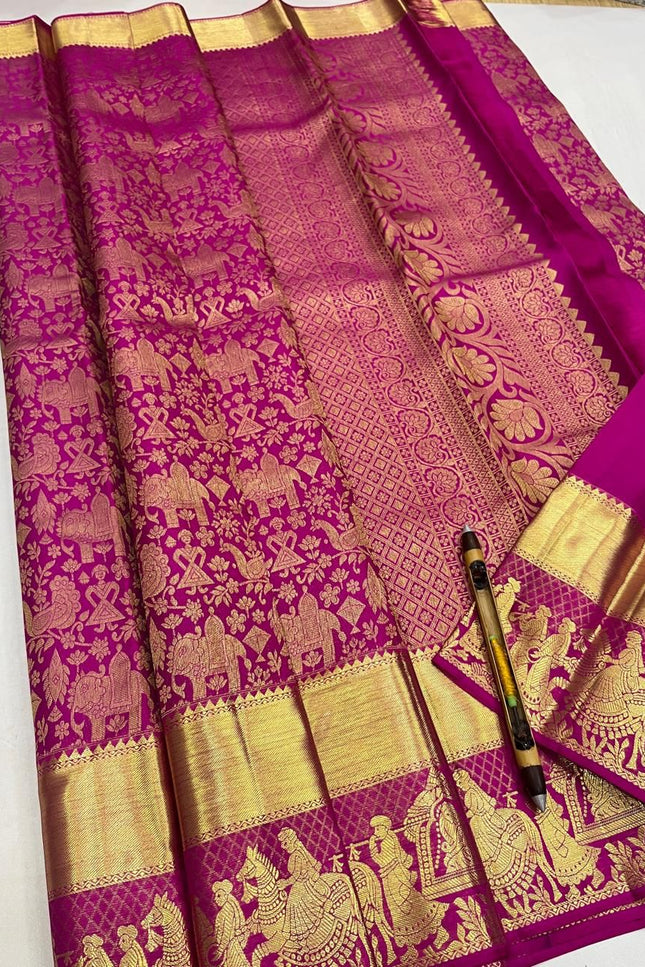 Pure Kanchipuram Silk Bridal Saree | Heavy 2 Gram Zari Weave | Silk Mark Certified - Rosepetals Luxe