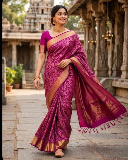 Pure Kanchipuram Silk Bridal Saree | Heavy 2 Gram Zari Weave | Silk Mark Certified - Rosepetals Luxe