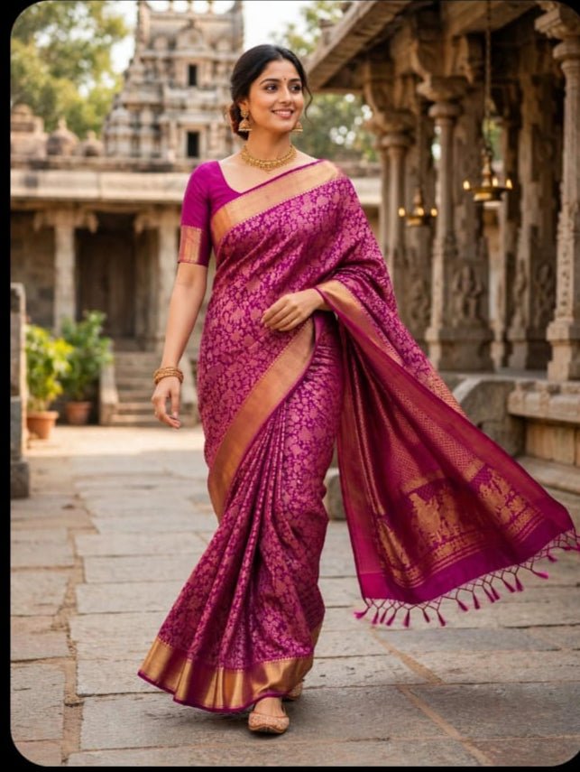 Pure Kanchipuram Silk Bridal Saree | Heavy 2 Gram Zari Weave | Silk Mark Certified - Rosepetals Luxe