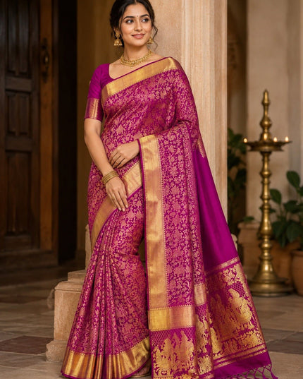 Pure Kanchipuram Silk Bridal Saree | Heavy 2 Gram Zari Weave | Silk Mark Certified - Rosepetals Luxe