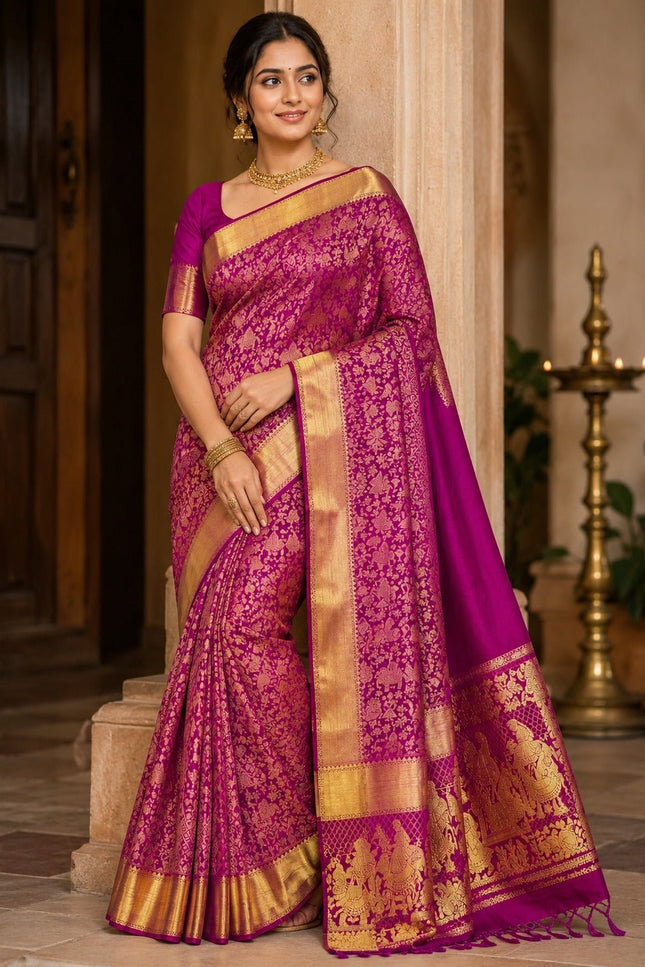 Pure Kanchipuram Silk Bridal Saree | Heavy 2 Gram Zari Weave | Silk Mark Certified - Rosepetals Luxe