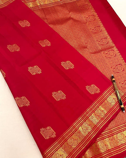 Pure Kanchipuram Silk Saree | Fancy Butta Weave | Red | Silk Mark Certified - Rosepetals Luxe