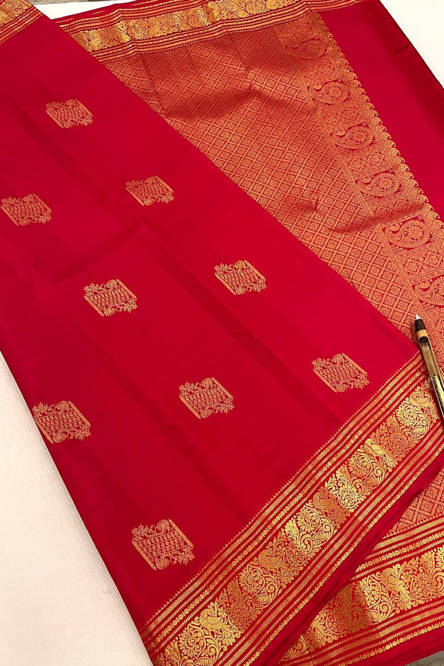 Pure Kanchipuram Silk Saree | Fancy Butta Weave | Red | Silk Mark Certified - Rosepetals Luxe