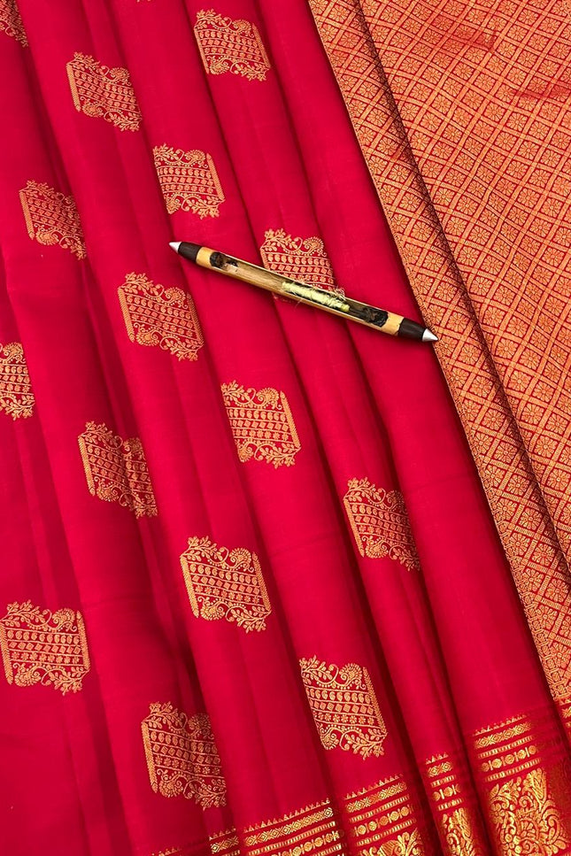 Pure Kanchipuram Silk Saree | Fancy Butta Weave | Red | Silk Mark Certified - Rosepetals Luxe