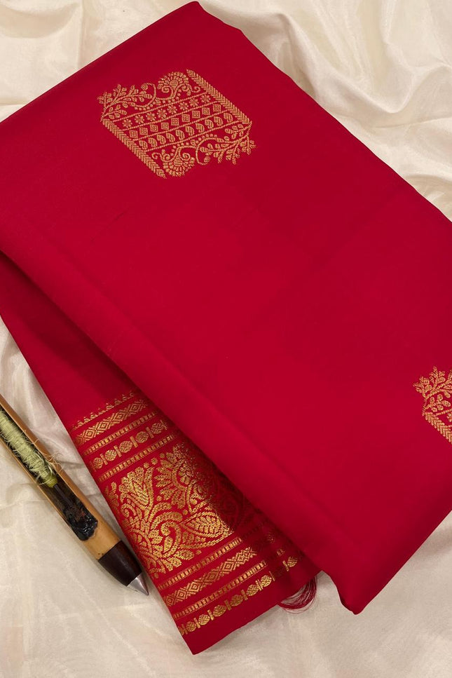 Pure Kanchipuram Silk Saree | Fancy Butta Weave | Red | Silk Mark Certified - Rosepetals Luxe