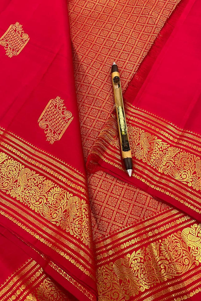 Pure Kanchipuram Silk Saree | Fancy Butta Weave | Red | Silk Mark Certified - Rosepetals Luxe