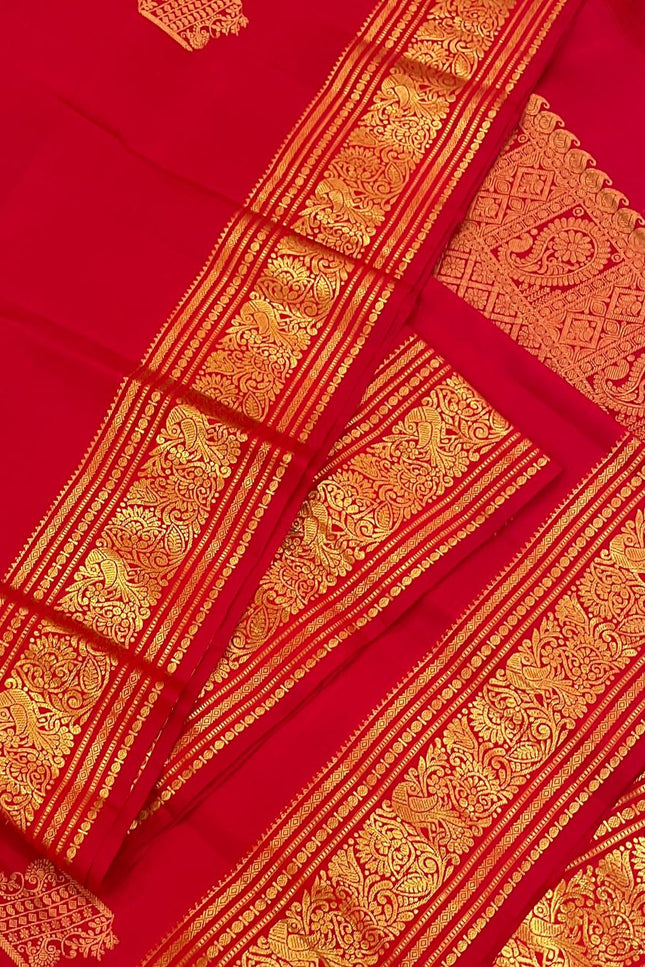 Pure Kanchipuram Silk Saree | Fancy Butta Weave | Red | Silk Mark Certified - Rosepetals Luxe