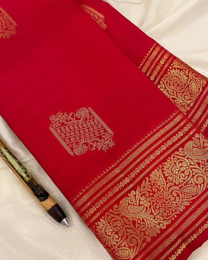 Pure Kanchipuram Silk Saree | Fancy Butta Weave | Red | Silk Mark Certified - Rosepetals Luxe