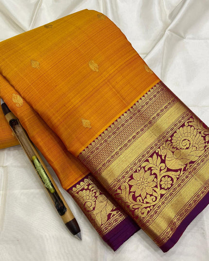 Pure Kanchipuram Silk Saree | Fancy Butta Weave | Silk Mark Certified | Mustard Yellow - Rosepetals Luxe