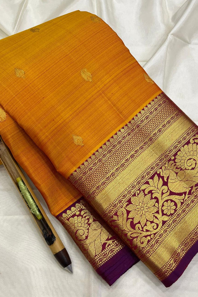 Pure Kanchipuram Silk Saree | Fancy Butta Weave | Silk Mark Certified | Mustard Yellow - Rosepetals Luxe