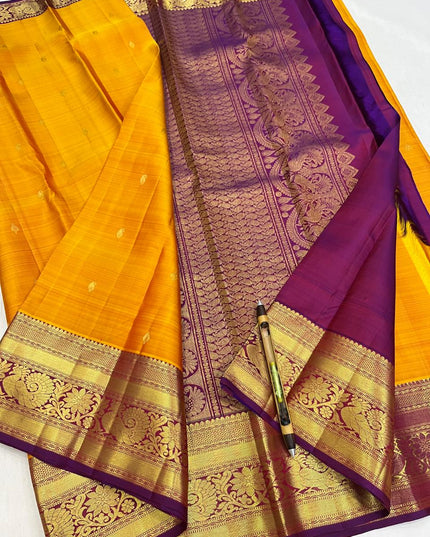 Pure Kanchipuram Silk Saree | Fancy Butta Weave | Silk Mark Certified | Mustard Yellow - Rosepetals Luxe