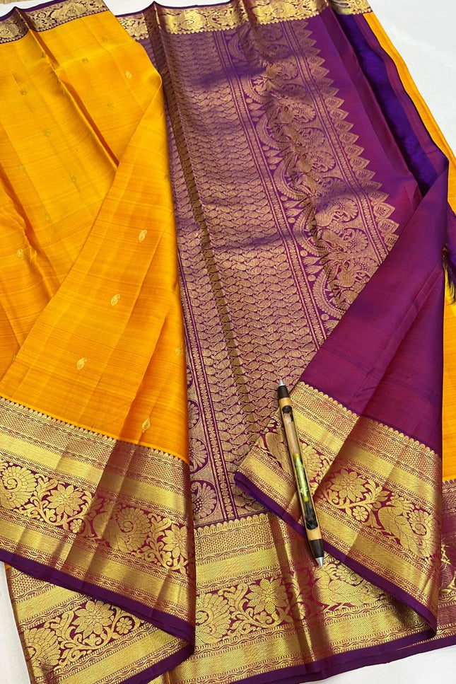 Pure Kanchipuram Silk Saree | Fancy Butta Weave | Silk Mark Certified | Mustard Yellow - Rosepetals Luxe