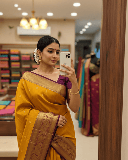 Pure Kanchipuram Silk Saree | Fancy Butta Weave | Silk Mark Certified | Mustard Yellow - Rosepetals Luxe