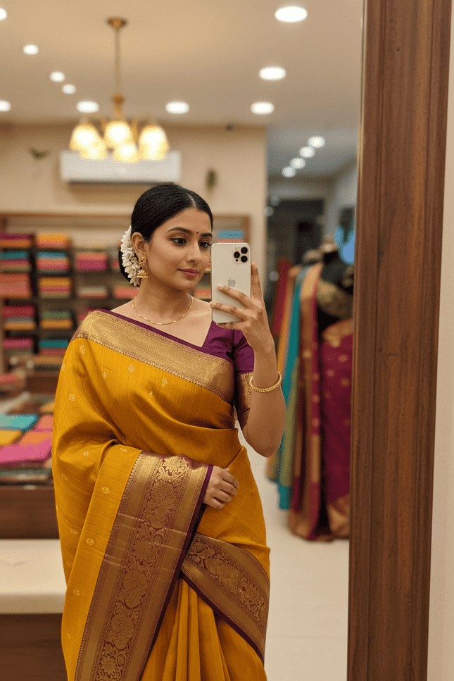 Pure Kanchipuram Silk Saree | Fancy Butta Weave | Silk Mark Certified | Mustard Yellow - Rosepetals Luxe