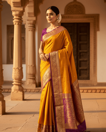 Pure Kanchipuram Silk Saree | Fancy Butta Weave | Silk Mark Certified | Mustard Yellow - Rosepetals Luxe