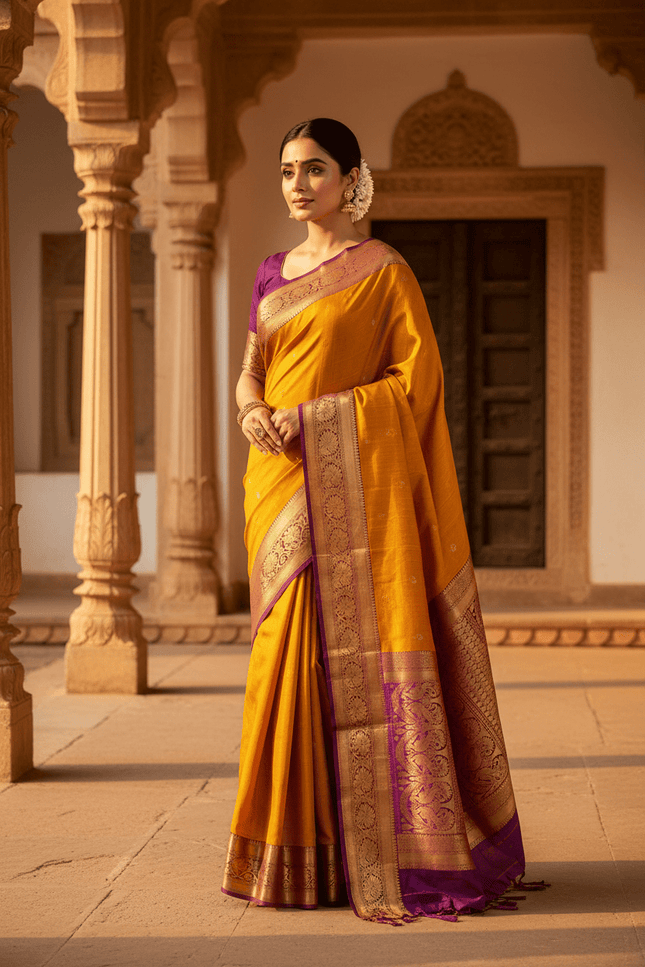 Pure Kanchipuram Silk Saree | Fancy Butta Weave | Silk Mark Certified | Mustard Yellow - Rosepetals Luxe