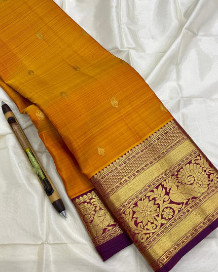 Pure Kanchipuram Silk Saree | Fancy Butta Weave | Silk Mark Certified | Mustard Yellow - Rosepetals Luxe
