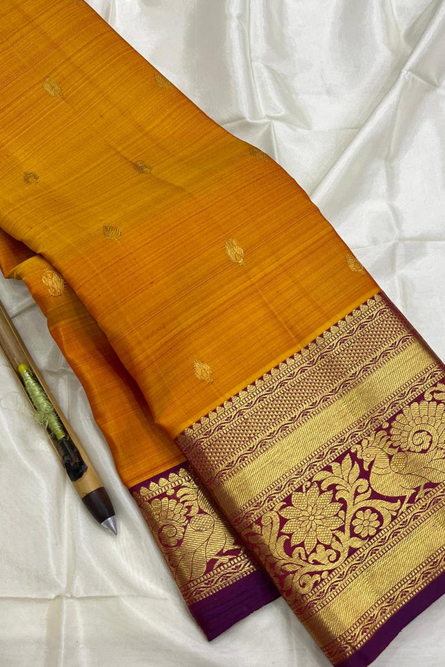 Pure Kanchipuram Silk Saree | Fancy Butta Weave | Silk Mark Certified | Mustard Yellow - Rosepetals Luxe