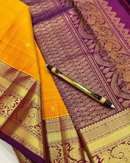 Pure Kanchipuram Silk Saree | Fancy Butta Weave | Silk Mark Certified | Mustard Yellow - Rosepetals Luxe
