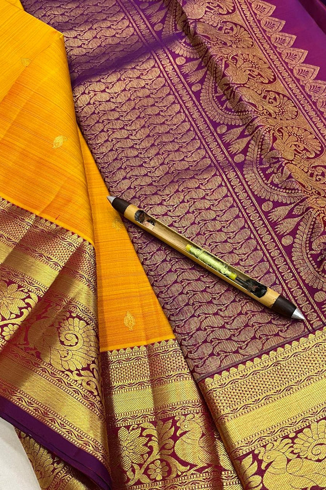 Pure Kanchipuram Silk Saree | Fancy Butta Weave | Silk Mark Certified | Mustard Yellow - Rosepetals Luxe