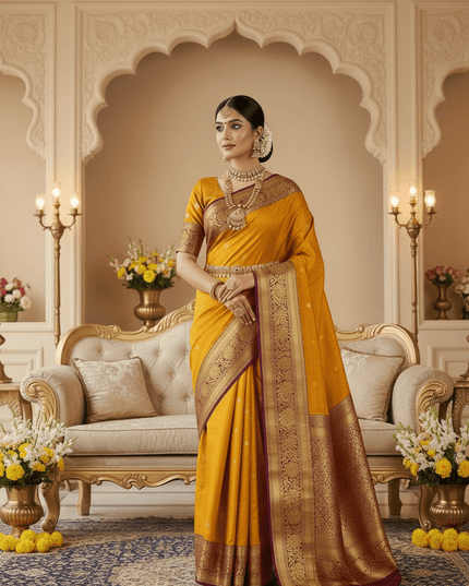 Pure Kanchipuram Silk Saree | Fancy Butta Weave | Silk Mark Certified | Mustard Yellow - Rosepetals Luxe