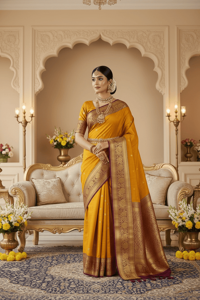 Pure Kanchipuram Silk Saree | Fancy Butta Weave | Silk Mark Certified | Mustard Yellow - Rosepetals Luxe