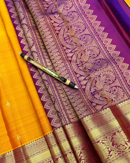 Pure Kanchipuram Silk Saree | Fancy Butta Weave | Silk Mark Certified | Mustard Yellow - Rosepetals Luxe