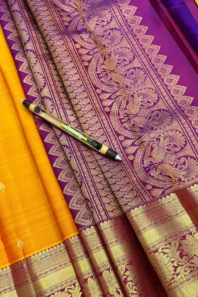 Pure Kanchipuram Silk Saree | Fancy Butta Weave | Silk Mark Certified | Mustard Yellow - Rosepetals Luxe