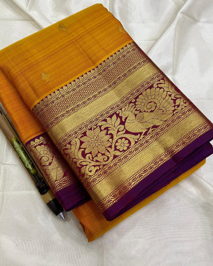 Pure Kanchipuram Silk Saree | Fancy Butta Weave | Silk Mark Certified | Mustard Yellow - Rosepetals Luxe