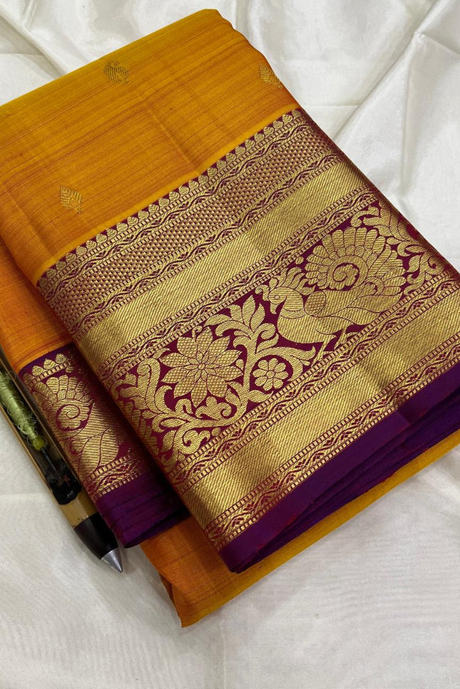 Pure Kanchipuram Silk Saree | Fancy Butta Weave | Silk Mark Certified | Mustard Yellow - Rosepetals Luxe
