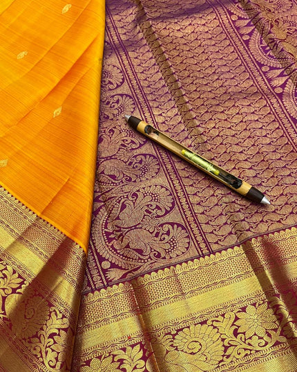 Pure Kanchipuram Silk Saree | Fancy Butta Weave | Silk Mark Certified | Mustard Yellow - Rosepetals Luxe
