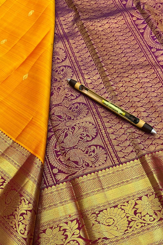 Pure Kanchipuram Silk Saree | Fancy Butta Weave | Silk Mark Certified | Mustard Yellow - Rosepetals Luxe