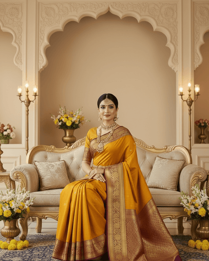 Pure Kanchipuram Silk Saree | Fancy Butta Weave | Silk Mark Certified | Mustard Yellow - Rosepetals Luxe