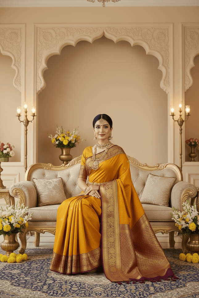 Pure Kanchipuram Silk Saree | Fancy Butta Weave | Silk Mark Certified | Mustard Yellow - Rosepetals Luxe