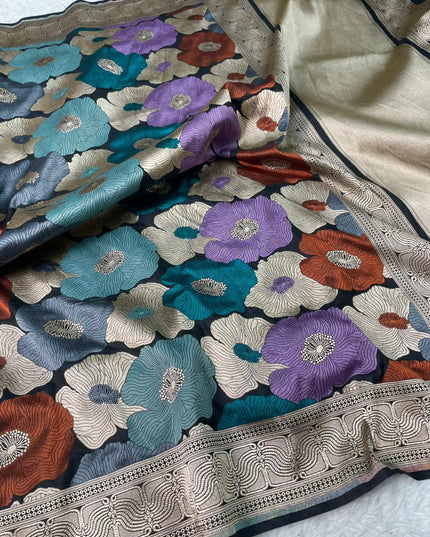 Pure Katan Silk Banarasi Saree | Tilfi Three-Colour Zari Weave | Handwoven Varanasi | Bridal & Wedding Wear - Rosepetals Luxe