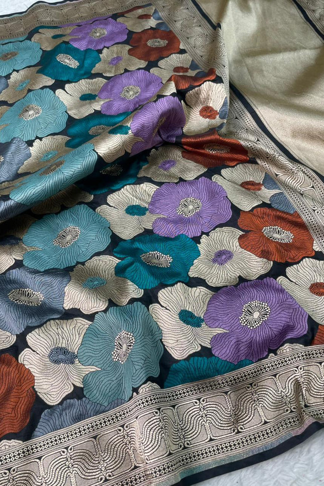 Pure Katan Silk Banarasi Saree | Tilfi Three-Colour Zari Weave | Handwoven Varanasi | Bridal & Wedding Wear - Rosepetals Luxe