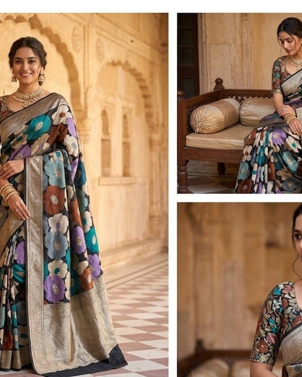 Pure Katan Silk Banarasi Saree | Tilfi Three-Colour Zari Weave | Handwoven Varanasi | Bridal & Wedding Wear - Rosepetals Luxe