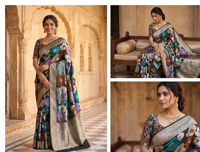Pure Katan Silk Banarasi Saree | Tilfi Three-Colour Zari Weave | Handwoven Varanasi | Bridal & Wedding Wear - Rosepetals Luxe