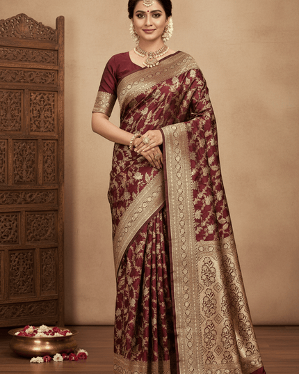 Pure Katan Silk Meenakari Pattu Saree | Golden & Silver Zari Work | 25 Styles - Rosepetals Luxe