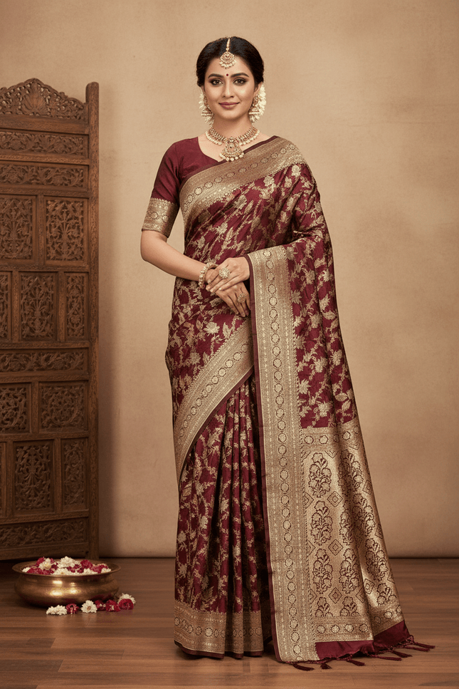 Pure Katan Silk Meenakari Pattu Saree | Golden & Silver Zari Work | 25 Styles - Rosepetals Luxe