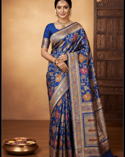 Pure Katan Silk Meenakari Pattu Saree | Golden & Silver Zari Work | 25 Styles - Rosepetals Luxe