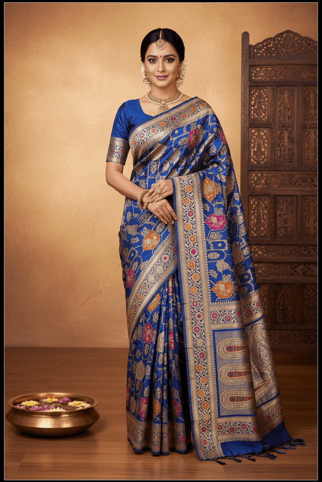 Pure Katan Silk Meenakari Pattu Saree | Golden & Silver Zari Work | 25 Styles - Rosepetals Luxe