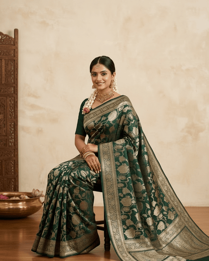 Pure Katan Silk Meenakari Pattu Saree | Golden & Silver Zari Work | 25 Styles - Rosepetals Luxe