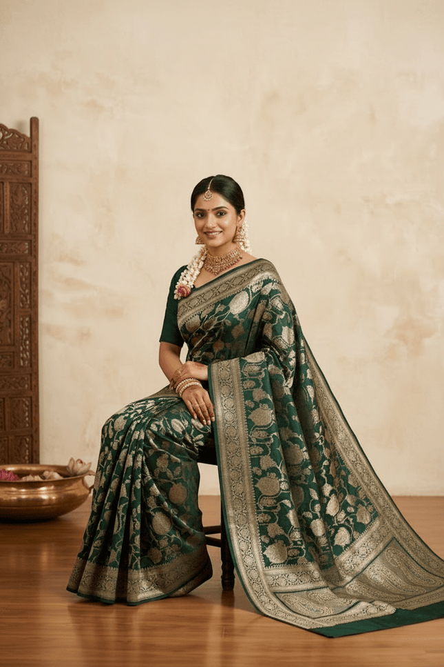 Pure Katan Silk Meenakari Pattu Saree | Golden & Silver Zari Work | 25 Styles - Rosepetals Luxe