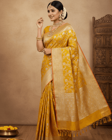 Pure Katan Silk Meenakari Pattu Saree | Golden & Silver Zari Work | 25 Styles - Rosepetals Luxe