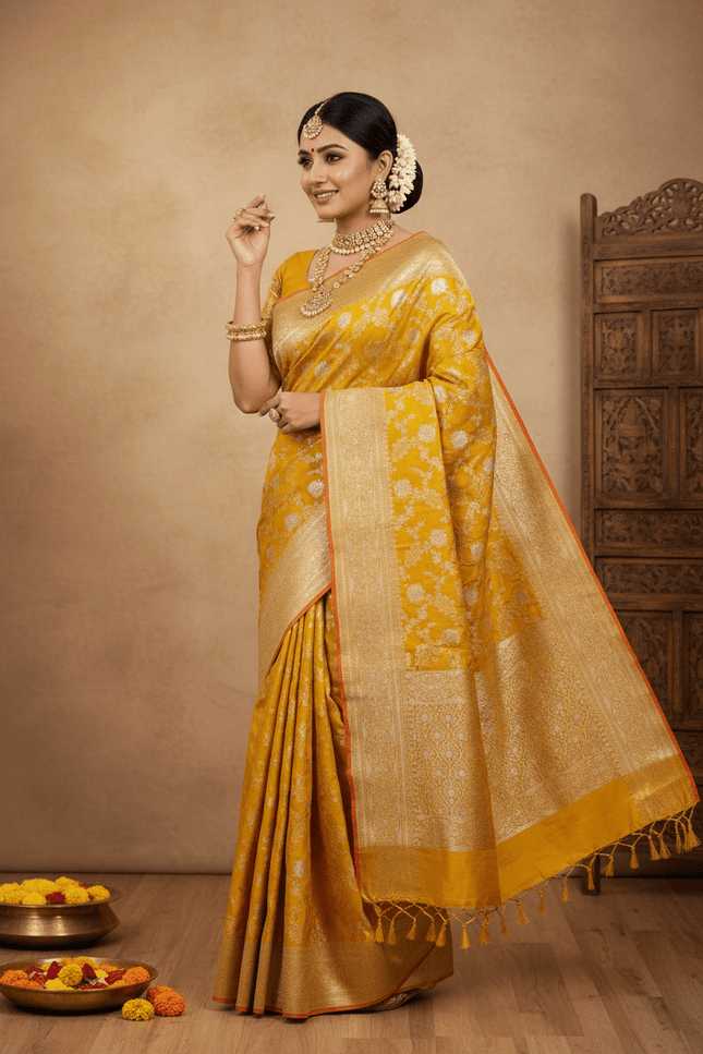 Pure Katan Silk Meenakari Pattu Saree | Golden & Silver Zari Work | 25 Styles - Rosepetals Luxe